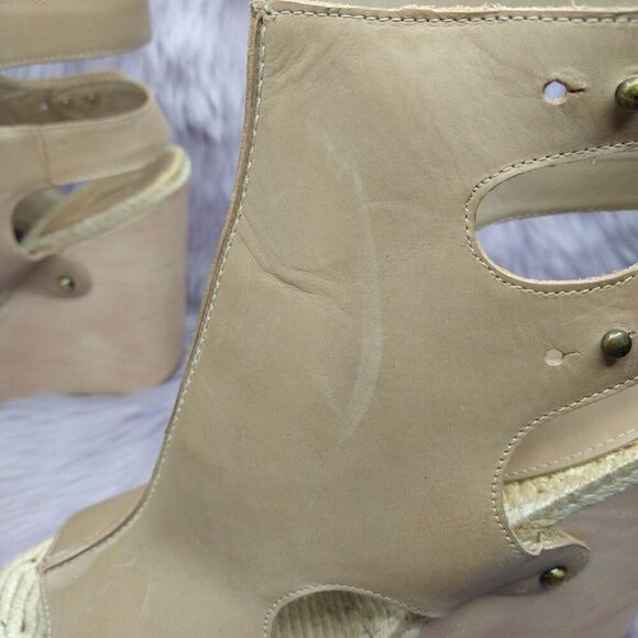 Max Studio Foal Leather Wedge Booties Platform Sandals Womens Size 10 Beige Stud - Picture 7 of 13